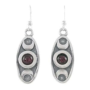 Triple Moon and Garnet Gemstone Dangle Earrings with Rede Inscription in Sterling Silver, #8131