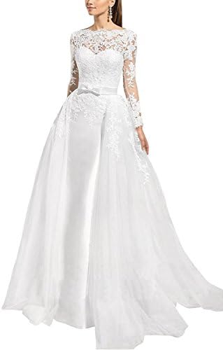 EnjoyBuys Lace Long Sleeves Mermaid Detachable Train Wedding Dress 14 White