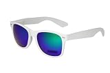 Nerd Sonnenbrille im Wayfarer Stil Retro Brille weiß und blau-grün verspiegelt