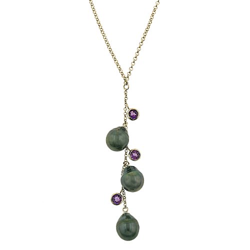 Sterling Silver Tahitian Cultured Drop Pearl and 4mm Diamond Cut Amethyst "Y" Chain Necklace (8-9mm), 16+3"