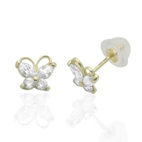 14K Gold Stud Earring CZ Cute Butterfly Yellow Gold Earring With Screw Back For Kids & Teens