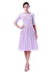 Sheer Applique Lace Cocktail Knee Length Short Elbow Length Sleeves Tulle Evening Dress/Party Dress/Wedding Dress 