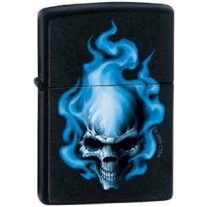 Blue Flaming Skull Deaths Head Zippo Black Lighter