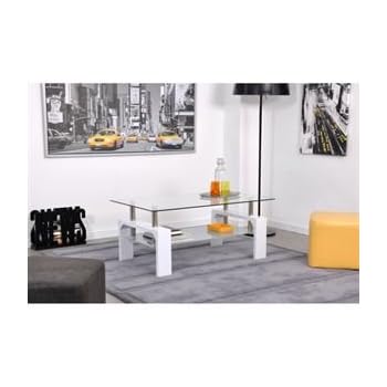 Elia Table Basse Blanche Laquée + 2 Plateaux Verre - Couleur : Verre