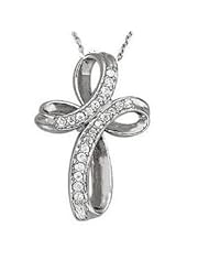 1/10 CT Diamond Cross Pendant with 18" Chain 14K White Gold over Sterling Silver Free Velvet Gift Box