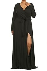 Plus Size Sexy V-neck Wrap Slit Long Sleeves Maxi Dress 