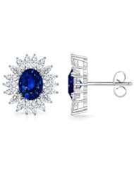 Oval Sapphire and Diamond Floral Border Earrings in White Gold