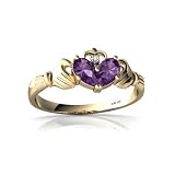 14K Yellow Gold Pear Genuine Amethyst Celtic Claddagh Ring