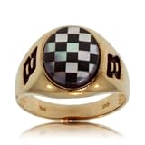 Men's #8 Checkered Flag Onyx Mother of Pearl 10K Yellow Gold Ring