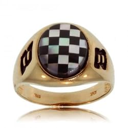 Racing Mother of Pearl and Onyx Yellow Gold Mens Ring
