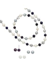 Sterling Silver FW Cultured Pearl 18 in Neck. 7.25 in Bracelet & 3 Piece Earrings Pearl Set