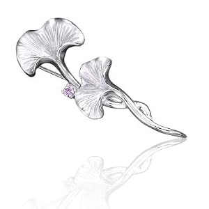 Amethyst Sterling Silver CZ Gingko Leaves Brooch by