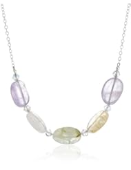 Sterling Silver Amethyst, Citrine, Rose Quartz and Prehnite Flat Oval Beads Chain Necklace, 18"