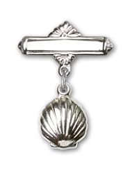 Sterling Silver Baby Badge with Shell Charm and Polished Badge Pin