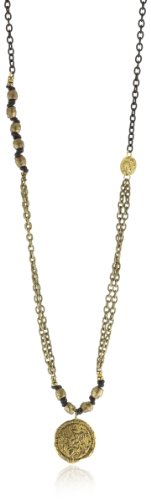 Tat2 Designs Antiquities Brass Bead, Black Leather, Coin Necklace