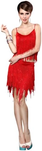 Sexy Spaghetti Strap Sequined Fringe Tassels Dance Dress - Size (2-6) - Red