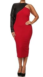 One Shoulder Faux-Leather/Polyester/Spandex Fitted Colorblocking Stretchy Two-Toned Bodycon Dress/Midi Dress 