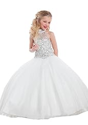 Girls  Lace Crystals Crystal  Sequined Floor Length Organza High-Neck  Ball Gown Pageant Dress  With Ruffles
