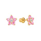 14K Yellow Gold Pink Daisy Flower Stud Earrings for Little Girls & Babies