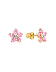 14K Yellow Gold Pink Daisy Flower Stud Earrings for Little Girls & Babies