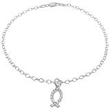 Italian Sterling Silver Religious Themed Link Anklet, Christian Faith Fish