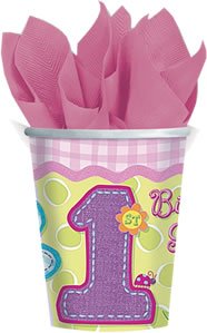 Hugs and Stitches Girl's 1st Birthday Cups 8ct