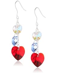 Sterling Silver Genuine Swarovski Crystalized Elements Clear, Red and Blue Heart French Wire Triple Drop Earrings