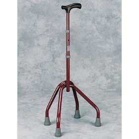Quad Cane Adult Large - Epoxy-coated, adult straight-neck quad cane with large inverted "V" base. Features include Derby handle and Clip adjustment. Height adjustable grip to floor from 25" to 36" (64 cm. to 91 cm.). Base at its widest is 13" (33 cm.). Fitted with model T12 tips. Available in 3 colors. Indicate color selection in Comments section during Check Out.