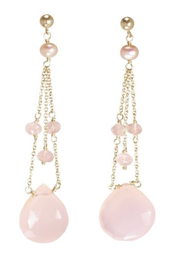 14k Gold Pearl Earrings with Rose Quartz and Pink Chalcedony Dangles