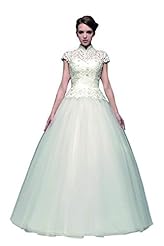 Floor Length Natural   Waistline Short Sleeves High-Neck  Lace Tulle  Ball Gown  Dress
