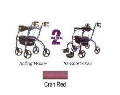 Rolling Walker & Transport WheelChair All in One. Cranberry Red Color. Constructed of high density, lightweight aircraft aluminum tubing that holds up to 250 lbs. Easily converts from a rollator walking aid to a transport wheelchair in 30 seconds. Includes vinyl carry bag with shoulder strap.