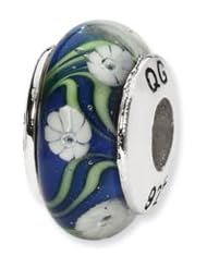 Silver, Blue and White Floral Pattern Glass Charm for 3mm Bracelets