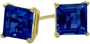 1.20Ct. Created 5mm Square Princess Cut Sapphire 14 Karat Yellow Gold Stud Earrings
