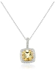 Sterling Silver Cushion Citrine Diamond Pendant Necklace (0.14 cttw, I-J Color, I2-I3 Clarity), 18"