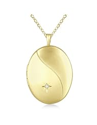 14K Yellow Gold Vermeil Split Oval-Shaped Star 0.01ct Diamond Locket Pendant Necklace For Women