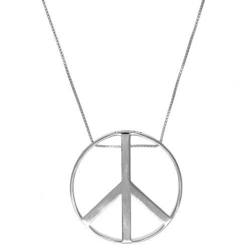 Sterling Silver Large Circle Peace-Sign Pendant, 18″