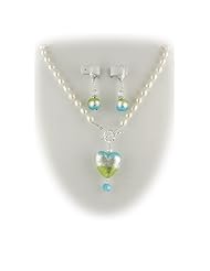 Aqua Lime Green Murano Glass Heart Pendant Freshwater Pearl Lariat Sterling Silver Toggle Necklace Earrings Set