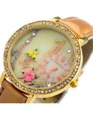 Magnificent Rhinestone Decorated Round Dial Womans Watch with PU Leather Band - Golden - BY ninetong