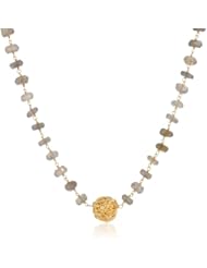 Faceted Labradorite Gold Tone Flower Accent Piece and Gold over Silver Links Clasp Rondelle Silver Linked Necklace, 16"+2" Extender