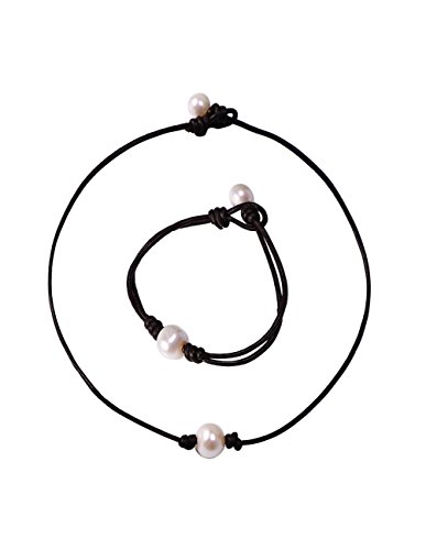Mudder 16inch Leather Pearl Necklace Freshwater Pearl Choker with Leather Pearl Bracelet