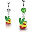 316L Surgical Steel Prong Set Green Heart Belly Ring with Rasta Colored Finger "Peace V" Sign Dangle - 14G - 3/8" Bar Length - Sold Individually