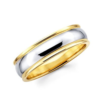 14k Yellow and White Two 2 Tone Gold Womens Mens Milgrain High Polish Wedding Ring Band 6MM Size 8