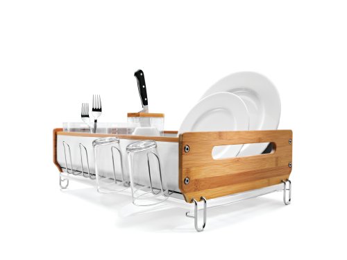 simplehuman Bamboo Frame Dishrack with Bamboo Knife Block, Clear