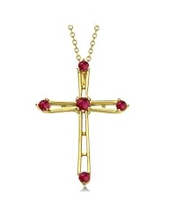 14K Gold Cross Necklace with Five Round Red Ruby Gemstones July Birthstone Cross for Women .34tcw