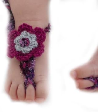 Pure Handmade Knit Flowers Barefoot Sandals Infant Toddler Baby Feet Decoration (Purple Gray)