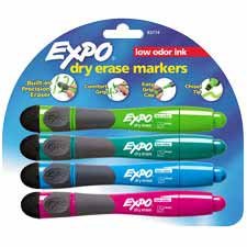 EXPO Low Odor Chisel Tip Markers with Eraser and Grip, Four-Marker Set SAN83774 by Sanford