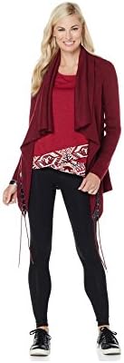 Twiggy London Women's Plus Size Draped, Open Cardigan Sweater~Faux Leather Detail (3X Plus, Burgandy)