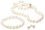 Sterling Silver White 9.5-10mm Freshwater Cultured Pearl Necklace, Bracelet and Earring Set