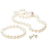 Sterling Silver White 9.5-10mm Freshwater Cultured Pearl Necklace, Bracelet and Earring Set