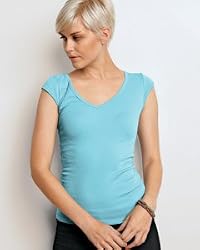 Ladies' Sheer Rib Cap Sleeve Deep V-Neck T-Shirt